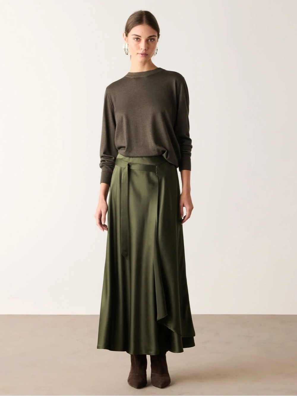 Olive Green Satin Wrap A-Line Skirt